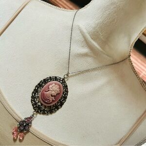 Handcrafted pink iridescent Victorian lady cameo pendant on chain necklace